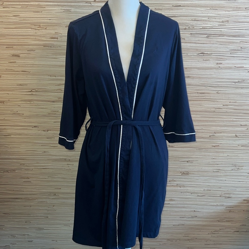 Nautica navy & white midi length bathrobe housecoat robe large XL